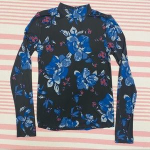 NWOT Free People Long Sleeve Floral Top Mock Neck Raw Hem Women's Size Large L